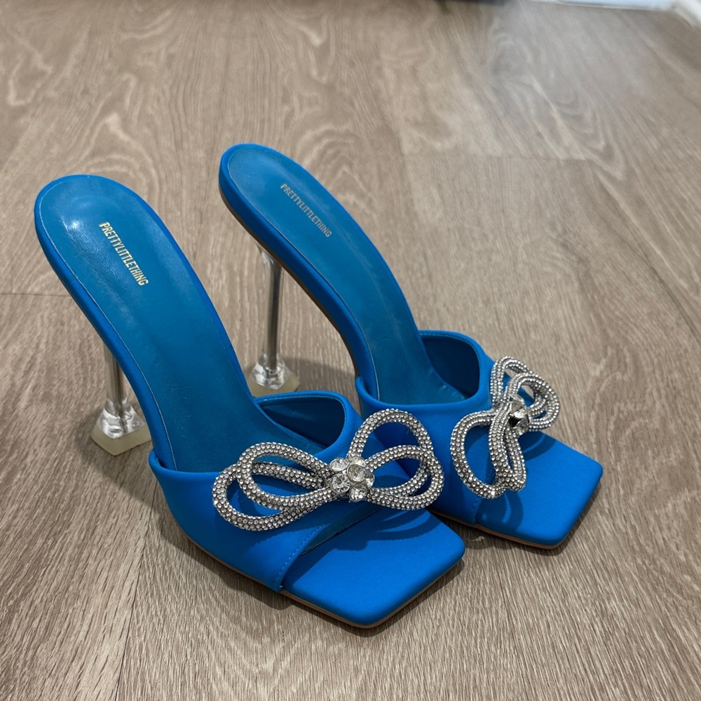 Blue Satin Heels with Rhinestone Bow by
